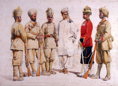 Soldater från den 19:e punjabisen Afridi av Tirah, illustration för "Armies of India" av major G.F. MacMunn, publicerad 1911, 1909 av Alfred Crowdy Lovett