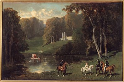 Ryttare och amasoner vid stranden av en sjö Målning av Alfred de Dreux (1810-1860) 1800-talets sön. 0,43x0,65 m av Alfred Dedreux