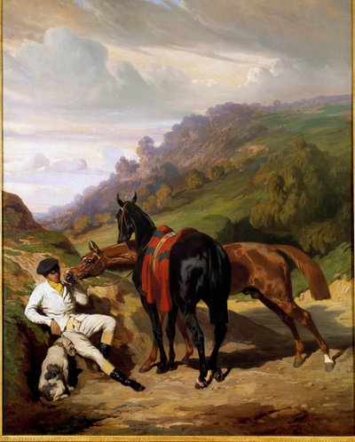 Vit pojke och hans hästar Målning av Alfred De Dreux (1810-1860). 1800-talet. Privat samling av Alfred Dedreux