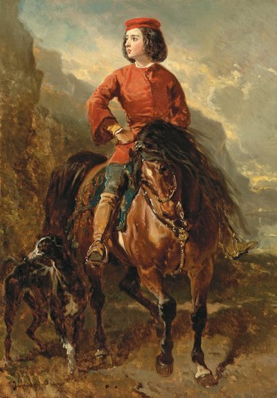 Ung ryttare på en Shetland, med en vinthund; Jeune cavalier montant un shetland et levrier, 1800-talet av Alfred Dedreux