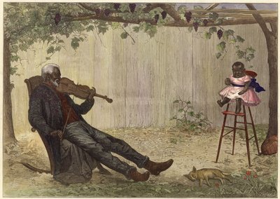 Gammal svart man spelar violin för barn (färggravyr) av Alfred Edward (after) Emslie