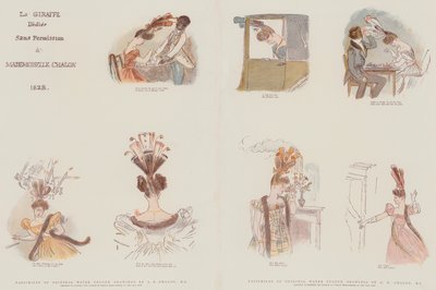 Faksimiler av originala vattenfärgsteckningar, designade för att satirisera modet i kvinnliga huvudklänningar av året 1828 (chromolitho) av Alfred Edward Chalon