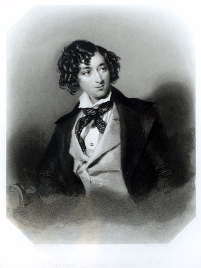 Porträtt av Benjamin Disraeli Esquire (1804-81) M.P., graverad av H. Robinson, ca 1840 av Alfred Edward Chalon