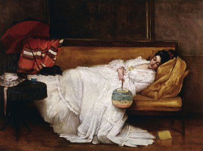 En flicka med en japansk fläkt som sover på en soffa, av Alfred Emile Stevens