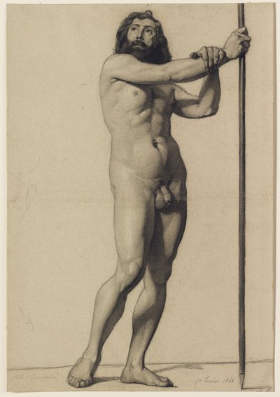 Studie av akademisk figur: naken man som håller en stav, 1844 av Alfred Emile Stevens