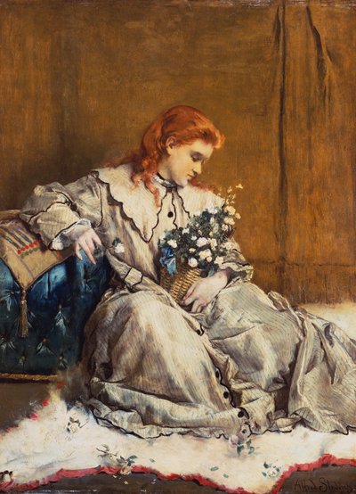 Dagdröm, ung rödhårig flicka med blå ottoman av Alfred Emile Stevens