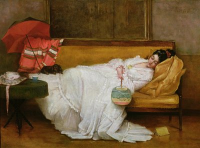 Flicka i en vit klänning vilar på en soffa av Alfred Emile Stevens