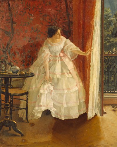 Dam vid ett fönster som matar fåglar, ca 1859 av Alfred Emile Stevens