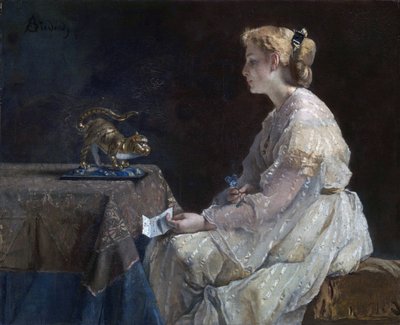 ""Nutiden"" En ung kvinna som upptäcker en kattstatyett - Målning av Alfred Stevens (1823-1906) ca 1870 London National Gallery av Alfred Emile Stevens