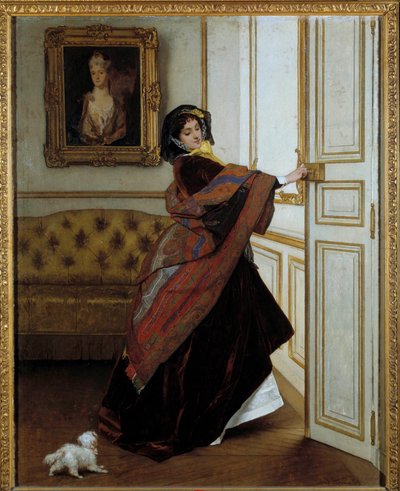 The Lady with the Little Dog Målning av Alfred Stevens (1823-1906) 1859. Olja på duk. Mått: 61,6x48,9cm. Privat samling av Alfred Emile Stevens