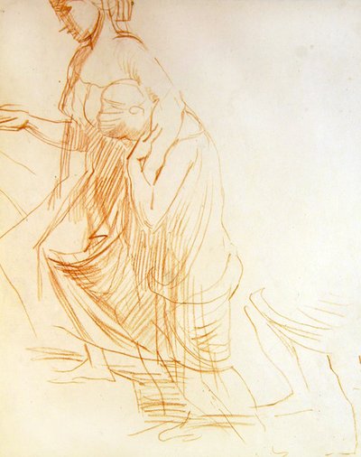 Studie av två figurer, en stående och en knästående, ca 1850 (röd krita på papper) (se 366413 för tergo) av Alfred George Stevens