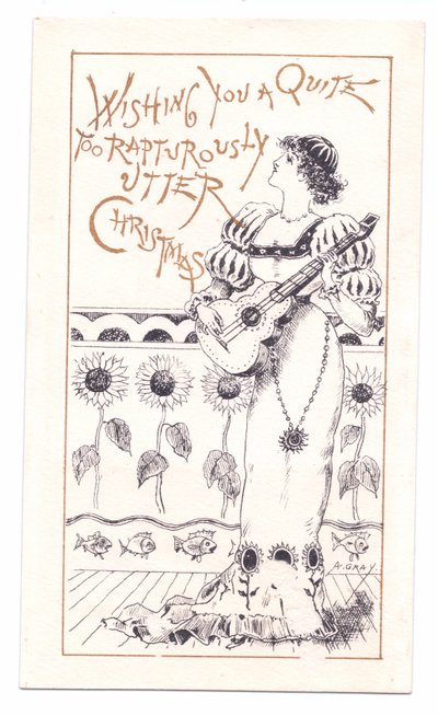 Viktorianskt gratulationskort av en estetiker som spelar en fiol, ca 1881 (monokrom) av Alfred Gray