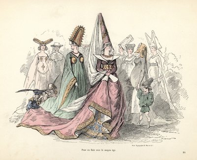 Karikatyrer av dräkter av kvinnor och barn under medeltiden av Alfred Grevin