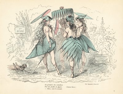 Kvinnor klädda endast i fikonbladsklänningar och hattar, håller löv pa av Alfred Grevin