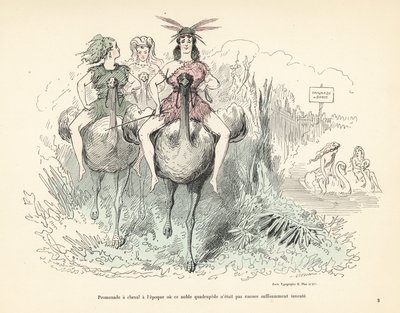 Kvinnor i djurskinn och fjädrar som rider på strutsar och svanar. av Alfred Grevin