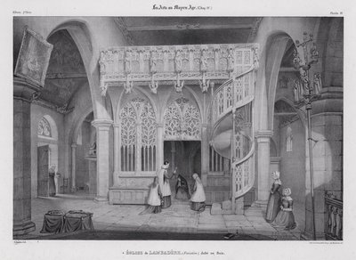 Snidade takskärm i trä av kapellet Notre Dame de Lambader, Plouvorn, Bretagne, Frankrike (litho) av Alfred Guesdon