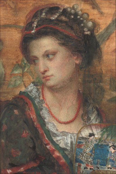 "En mjukad lyster i hennes öga, helt röd som rosen, knappt färgade hennes kind" av Alfred Hassam