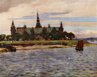 Danmark: Helsingör, Kronborgs slott (färg litho) av Alfred Heaton Cooper