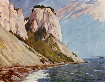 Danmark: Isle of Moen, Moens Klint (färg litho) av Alfred Heaton Cooper