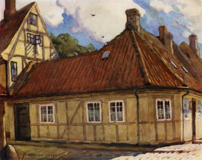 Danmark: Odense, Hans Andersens födelseplats (färg litho) av Alfred Heaton Cooper