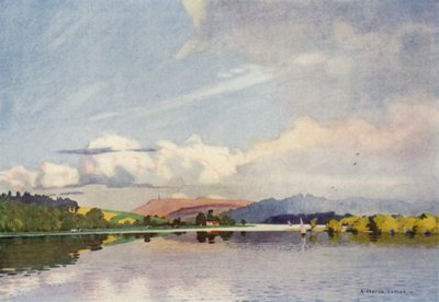 Danmark: Silkeborgsjön och Himmelbjerget (färg litho) av Alfred Heaton Cooper