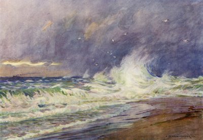 Danmark: Skagen, mötet mellan Nordsjön och Kattegatt (färg litho) av Alfred Heaton Cooper