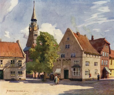 Danmark: Tonder, en medeltida stad i norra Slesvig (färg litho) av Alfred Heaton Cooper
