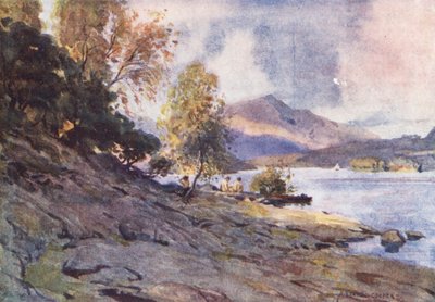 Lake District: Vid stranden av Derwentwater (färglitografi) av Alfred Heaton Cooper