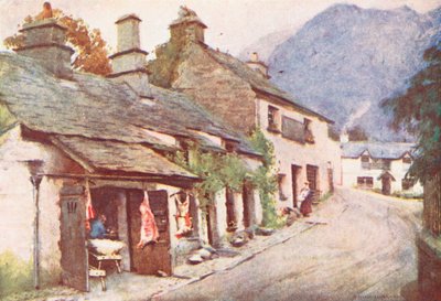 Lake District: Coniston Village, den gamla slaktarens butik (färglitografi) av Alfred Heaton Cooper