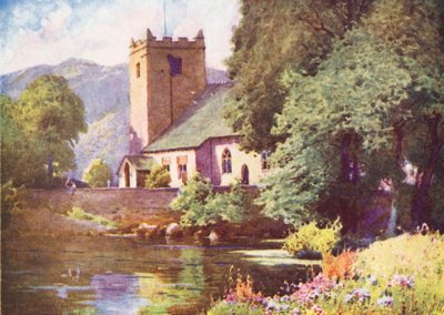 Lake District: Grasmere Church (färglitografi) av Alfred Heaton Cooper