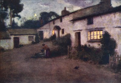 Lake District: Moonlight and Lamplight, Coniston (färglitografi) av Alfred Heaton Cooper