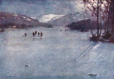 Lake District: Nära färjan, Windermere, skridskoåkning i månskenet (färglitografi) av Alfred Heaton Cooper