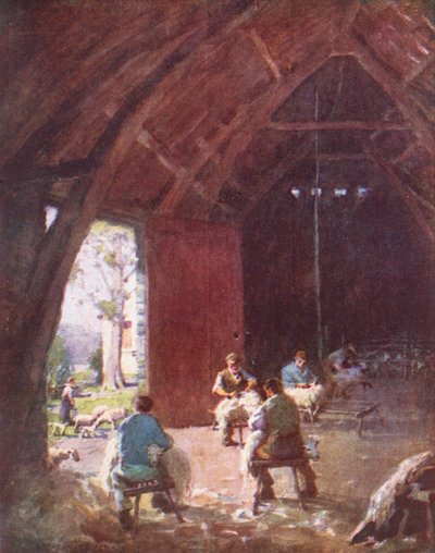 Lake District: Fårklippning, Esthwaite Hall Farm (färglitografi) av Alfred Heaton Cooper
