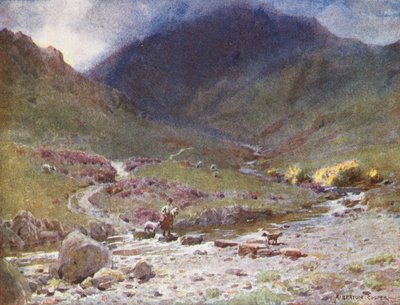 Lake District: Stepping-stones, Far Easedale, Grasmere (färglitografi) av Alfred Heaton Cooper