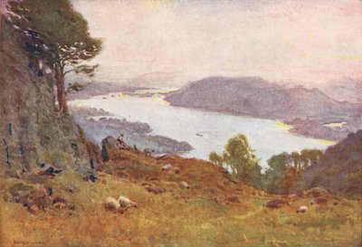 Lake District: Windermere från Wansfell, solnedgång (färglitografi) av Alfred Heaton Cooper