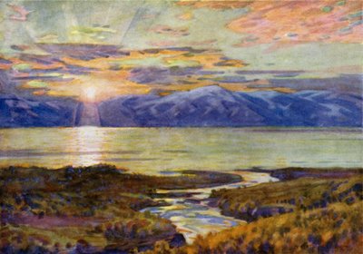 Midnattssol över sjön Torne Trask, från Abisko av Alfred Heaton Cooper