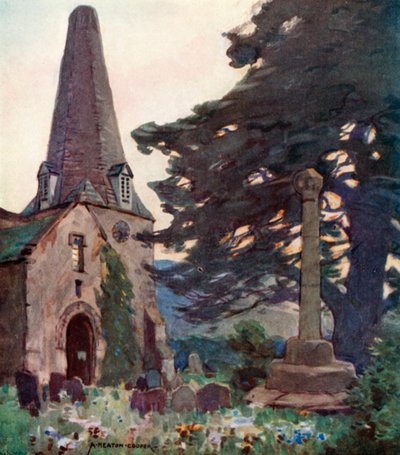 Porlock Church and Cross (färg litho) av Alfred Heaton Cooper
