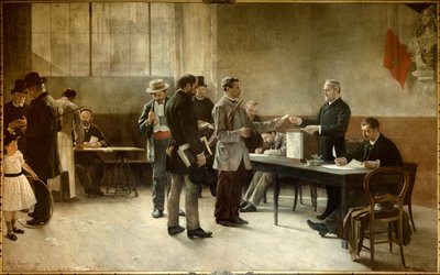 Allmän rösträtt En vallokal 1891. Målning av Alfred Bramtot (1852-1894) 1891 les Lilas, Rådhuset av Alfred Henri Bramtot