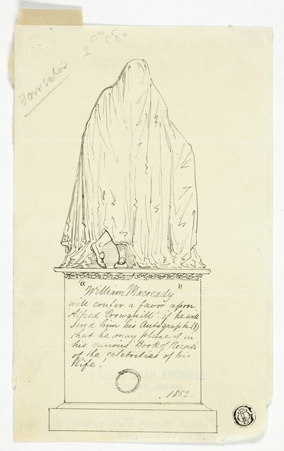 Visitkort med draperat monument, konstnärens inskription av Alfred Henry Forrester