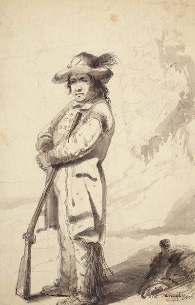A Rocky Mountain Trapper, Bill Burrow, ca 1837 (penna, penna och bläck och tvätt på papper) av Alfred Jacob Miller