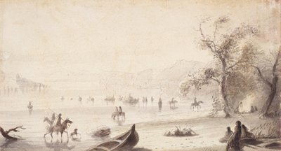 Bull Boating Across the Platte, ca 1837 (ritning på papper) av Alfred Jacob Miller