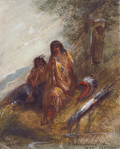 Embroidering the War Costume, c.1837 (akvarell och gouache på papper) av Alfred Jacob Miller