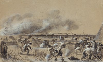 Eld på prärien, sätter eld på lägret, ca 1837 (tvätt med högdagrar på papper) av Alfred Jacob Miller