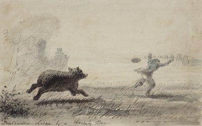 Fontenelle Chased by a Grizzly Bear, ca 1837 (penna, bläck och tvätt på papper) av Alfred Jacob Miller