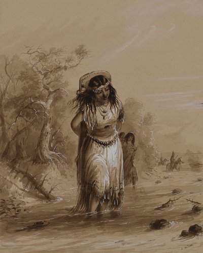 Indiansk flicka med papoose som korsar en bäck av Alfred Jacob Miller