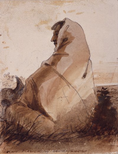 Indian Mourning over a Grave, Marked by a Buffalo Skull, c.1837 (penna, penna och bläck och tvätt på papper) av Alfred Jacob Miller