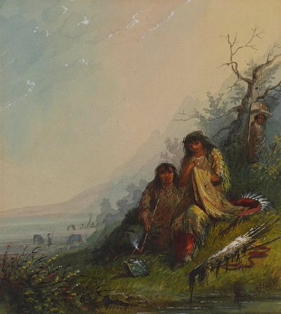 Indiankvinna som tillverkar krigsdräkten av Alfred Jacob Miller