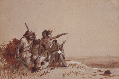 Kansas Indian Recounting to a Trapper, av Signs, the Migration of Buffalo, c.1837 (penna och bruna och svarta tvättar på papper) av Alfred Jacob Miller