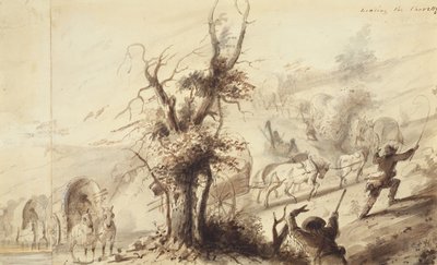 Landing the Charettes, ca 1837 (brun tvätt på papper) av Alfred Jacob Miller
