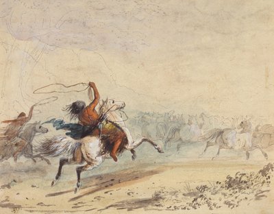 Lassoing Wild Horses, ca 1837 (penna, penna, bläck, akvarell och gouache på papper) av Alfred Jacob Miller